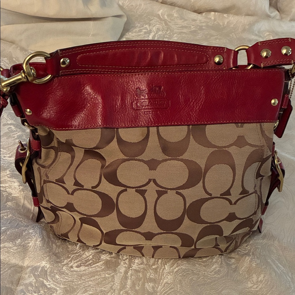 Coach Red leather and Tan C Signature Big Shoulder Bag